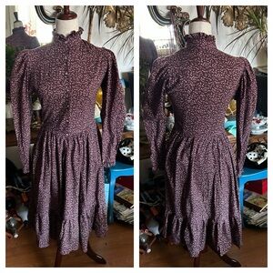 Handmade Vintage 1970s Oxblood Floral Cotton Prairie Dress w Heart Butto…